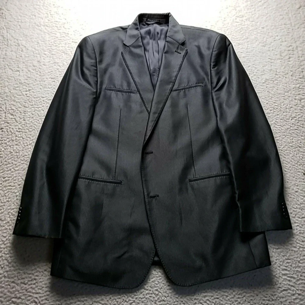 Sean John Suit Jacket Mens 44L Black Pinstripe Polyester Rayon 2 Button Classic
